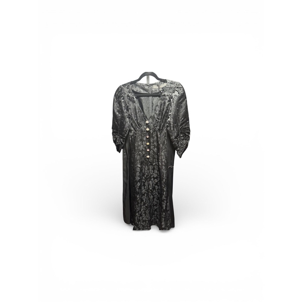 Marc Jacobs Black Floral Jacquard Midi Dress Jeweled Button V-Neck Sz 4